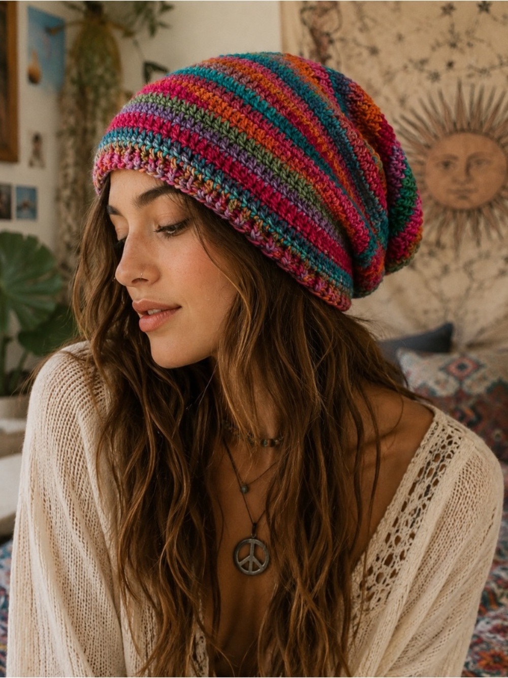 HAND CRAFTED Striped Crochet Slouch Beanie NEW Teal Mulberry Orange Fuchsia